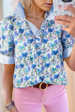 Sky Blue Floral Print Striped Patchwork Collared Blouse