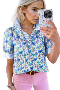 Sky Blue Floral Print Striped Patchwork Collared Blouse