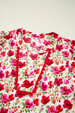 Red Floral Puff Sleeve Tiered Ric Rac Pocketed Mini Dress
