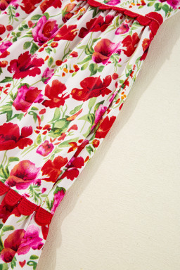 Red Floral Puff Sleeve Tiered Ric Rac Pocketed Mini Dress