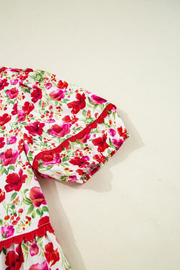 Red Floral Puff Sleeve Tiered Ric Rac Pocketed Mini Dress