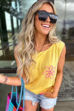 Yellow Cream Flower Graphic Summer Tank Top