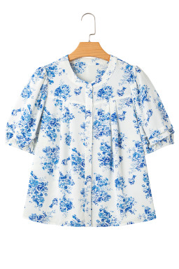 Sky Blue Floral Print Puff Sleeve Pleated Shirt