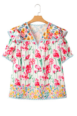 Pink Plus Size Floral Print Striped Trim V Neck Blouse