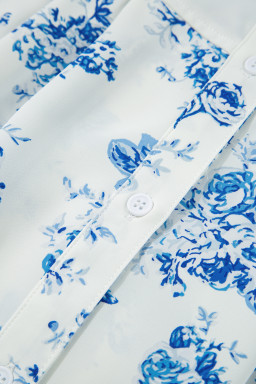 Sky Blue Floral Print Puff Sleeve Pleated Shirt