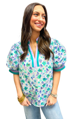 Green Floral Print Pop of Color V Neck Puff Short Sleeve Blouse