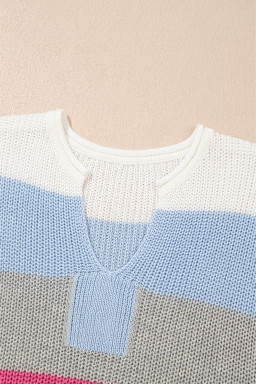 Light Blue Colorblock Notch V Neck Knit T Shirt