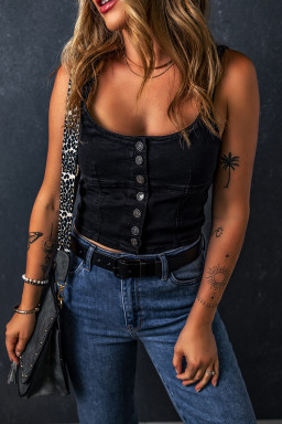Black Acid Wash Buttoned Cropped Denim Cami Top