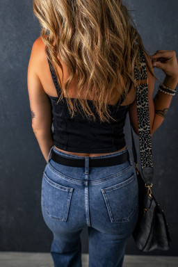 Black Acid Wash Buttoned Cropped Denim Cami Top