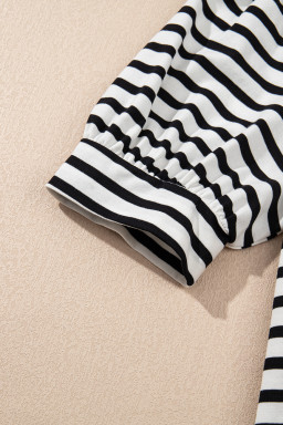 Black Stripe Collared Puff Sleeve Pocketed Mini Dress