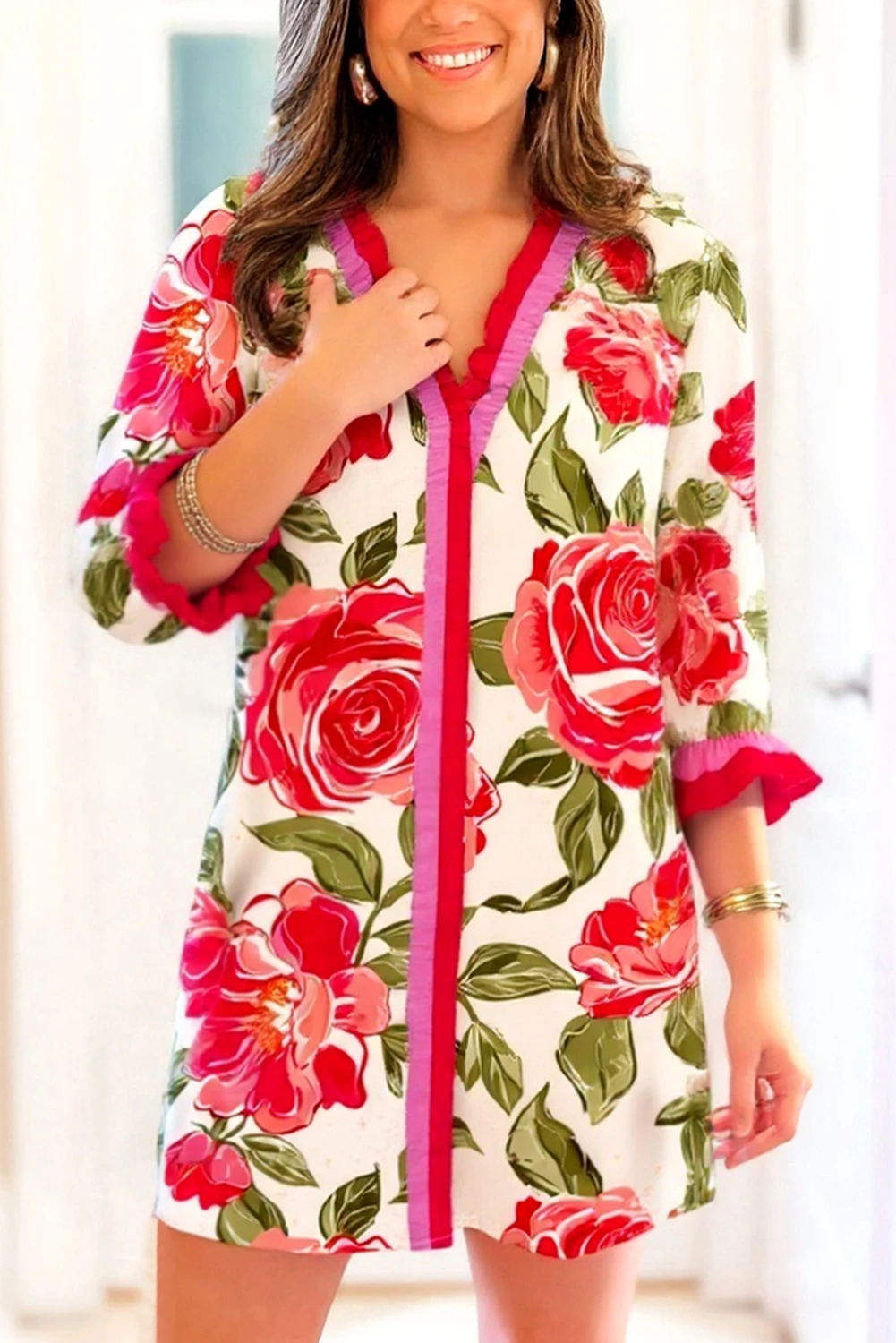 Pink Print Ruffle Trim Robe $15.04 Pink Floral Print Ruffle Trim Pop of Color V Neck Mini Dress ...