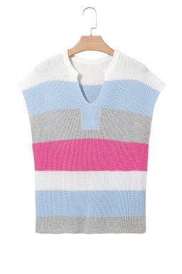 Light Blue Colorblock Notch V Neck Knit T Shirt