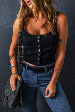 Black Acid Wash Buttoned Cropped Denim Cami Top