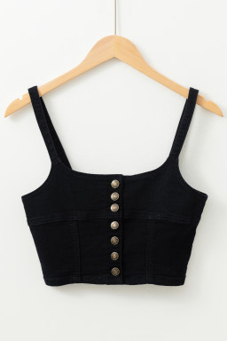 Black Acid Wash Buttoned Cropped Denim Cami Top