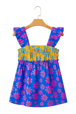 Blue Flower Colorblock Smocked Flutter Straps Flowy Top