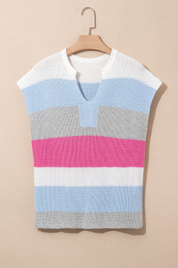 Light Blue Colorblock Notch V Neck Knit T Shirt