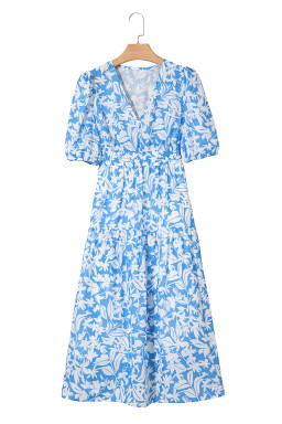 Sky Blue Floral Print Deep V Neck Puff Sleeve Flowy Dress