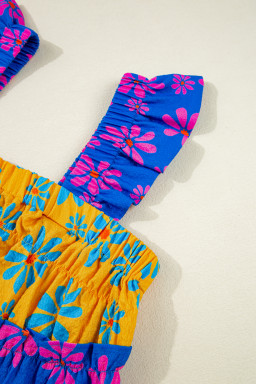 Blue Flower Colorblock Smocked Flutter Straps Flowy Top