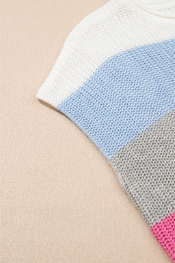 Light Blue Colorblock Notch V Neck Knit T Shirt