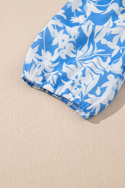 Sky Blue Floral Print Deep V Neck Puff Sleeve Flowy Dress