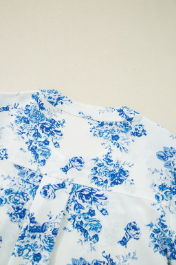 Sky Blue Floral Print Puff Sleeve Pleated Shirt