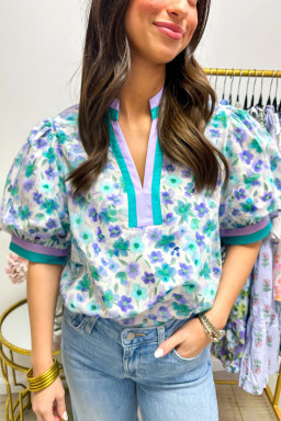 Green Floral Print Pop of Color V Neck Puff Short Sleeve Blouse