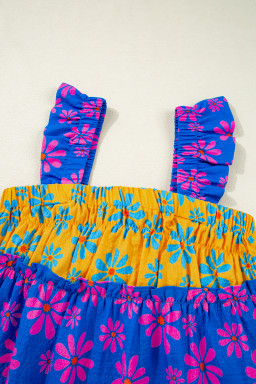 Blue Flower Colorblock Smocked Flutter Straps Flowy Top