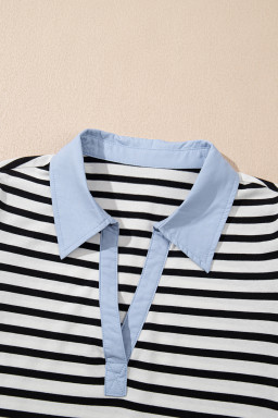 Black Stripe Collared Puff Sleeve Pocketed Mini Dress