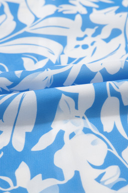 Sky Blue Floral Print Deep V Neck Puff Sleeve Flowy Dress