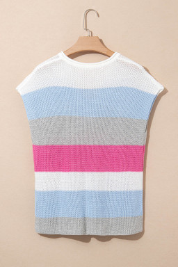 Light Blue Colorblock Notch V Neck Knit T Shirt