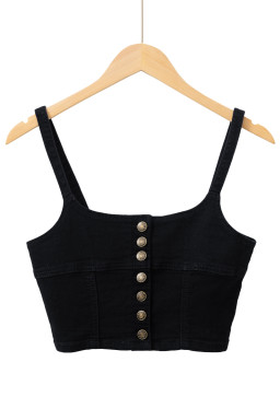 Black Acid Wash Buttoned Cropped Denim Cami Top