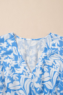 Sky Blue Floral Print Deep V Neck Puff Sleeve Flowy Dress