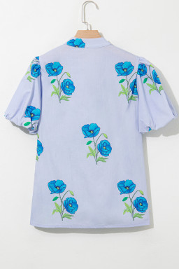 Sky Blue Floral Print Tie V-Neck Short Sleeve Blouse