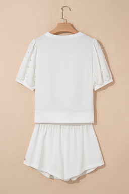 White Sweet Bow Trim Pearl Embellished Blouse and Skort Set