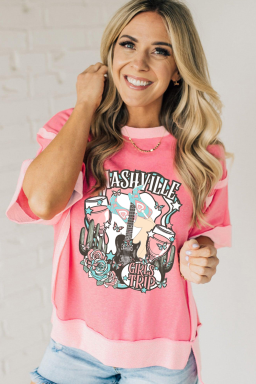 Peach Blossom Girls Trip Nashville Graphic Patchwork Loose T Shirt