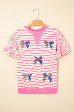 Sachet Pink Sequin American Flag Bow Patched Striped T Shirt