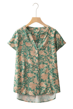 Green Floral Print Pleated Buttoned V Neck Short Sleeve Blouse