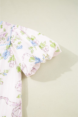 Pink Floral Striped Print Contrast Trim Tie Split Neck Mini Dress