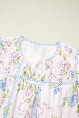 Pink Floral Striped Print Contrast Trim Tie Split Neck Mini Dress