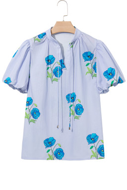 Sky Blue Floral Print Tie V-Neck Short Sleeve Blouse