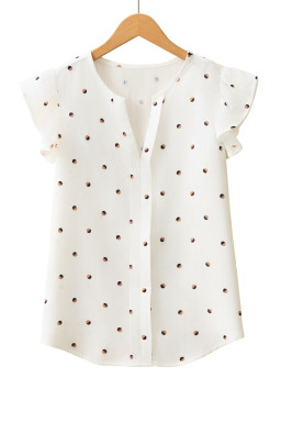 White Polka Dot Print V Neck Sleeveless Shirt
