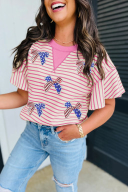 Sachet Pink Sequin American Flag Bow Patched Striped T Shirt