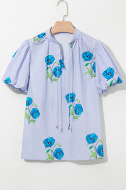 Sky Blue Floral Print Tie V-Neck Short Sleeve Blouse