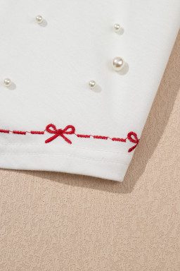 White Sweet Bow Trim Pearl Embellished Blouse and Skort Set