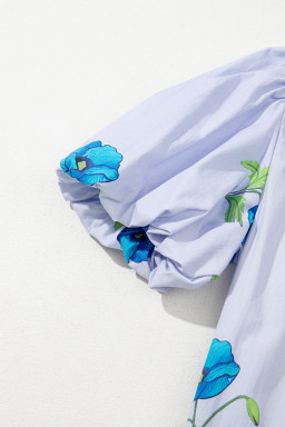 Sky Blue Floral Print Tie V-Neck Short Sleeve Blouse