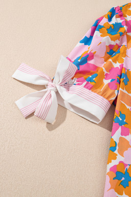 White Floral Colorblock Striped Edge V Neck Knotted Short Sleeve Blouse