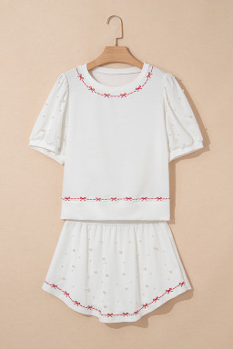 White Sweet Bow Trim Pearl Embellished Blouse and Skort Set