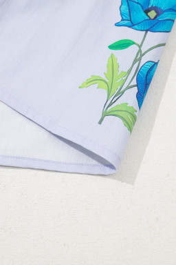 Sky Blue Floral Print Tie V-Neck Short Sleeve Blouse