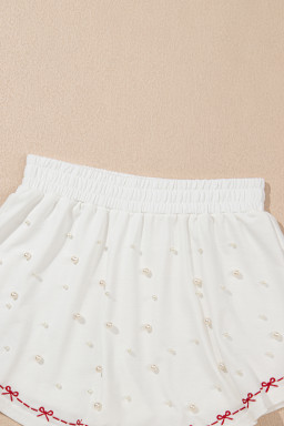 White Sweet Bow Trim Pearl Embellished Blouse and Skort Set