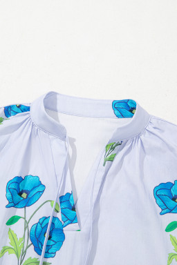Sky Blue Floral Print Tie V-Neck Short Sleeve Blouse